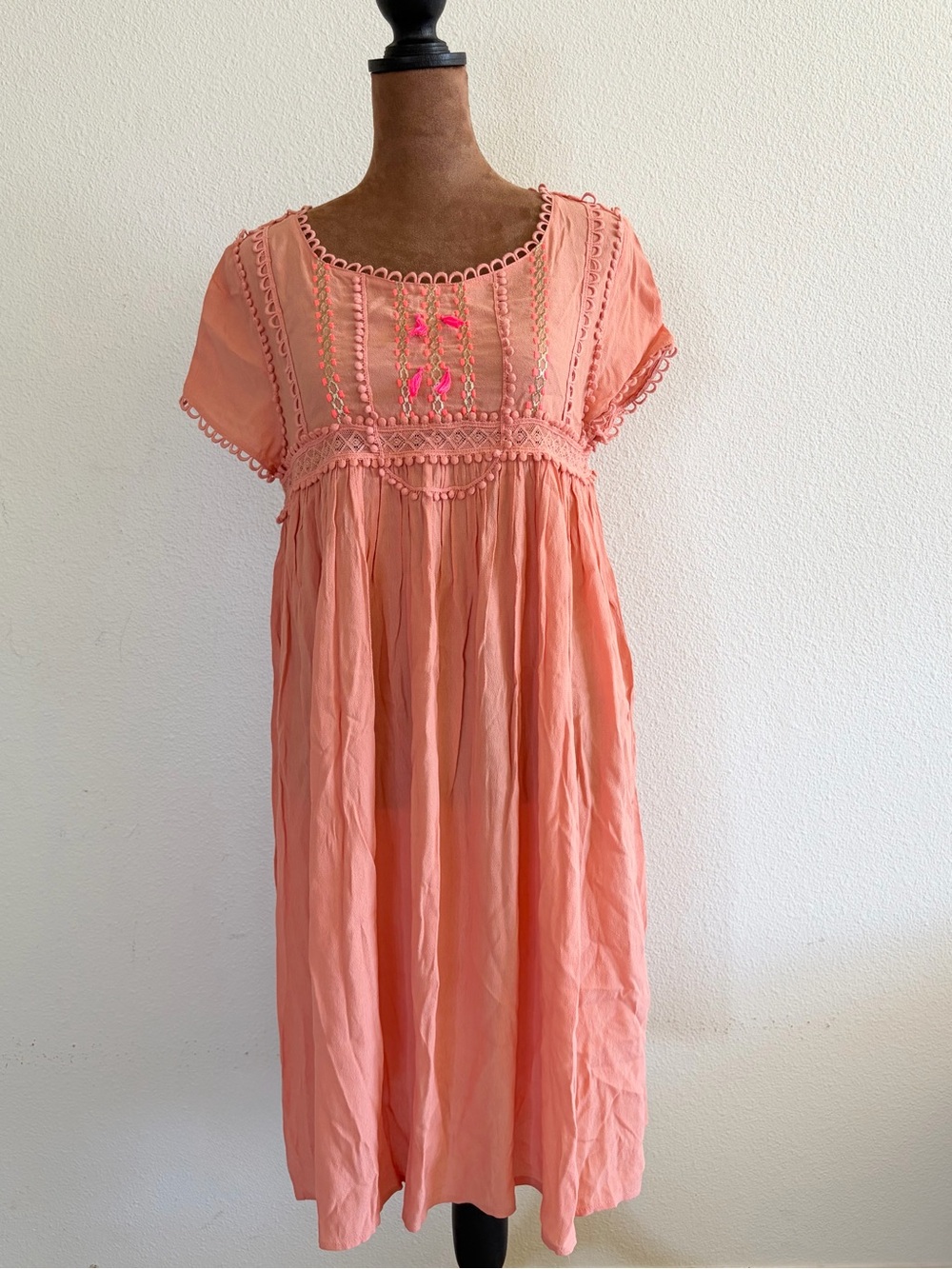 Peach Embroidered Cotton Midi Dress